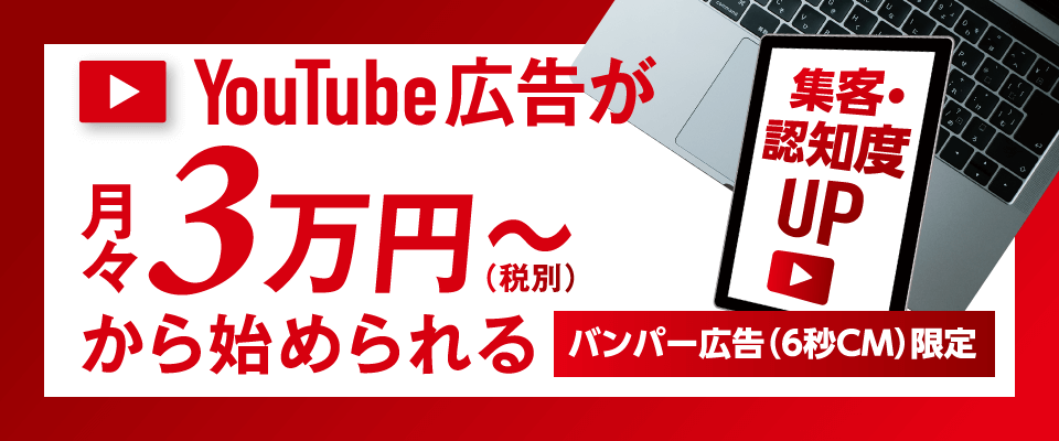 集客・認知度アップ　YouTube広告が月々3万円～（税別）から始められる　バンパー広告（6秒CM）限定