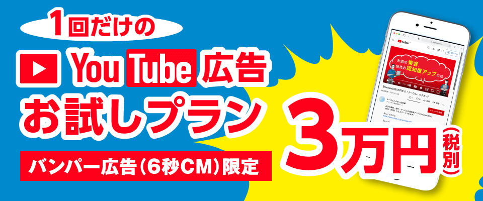 1回だけのYouTube広告お試しプラン　バンパー広告（6秒CM限定）3万円（税別）