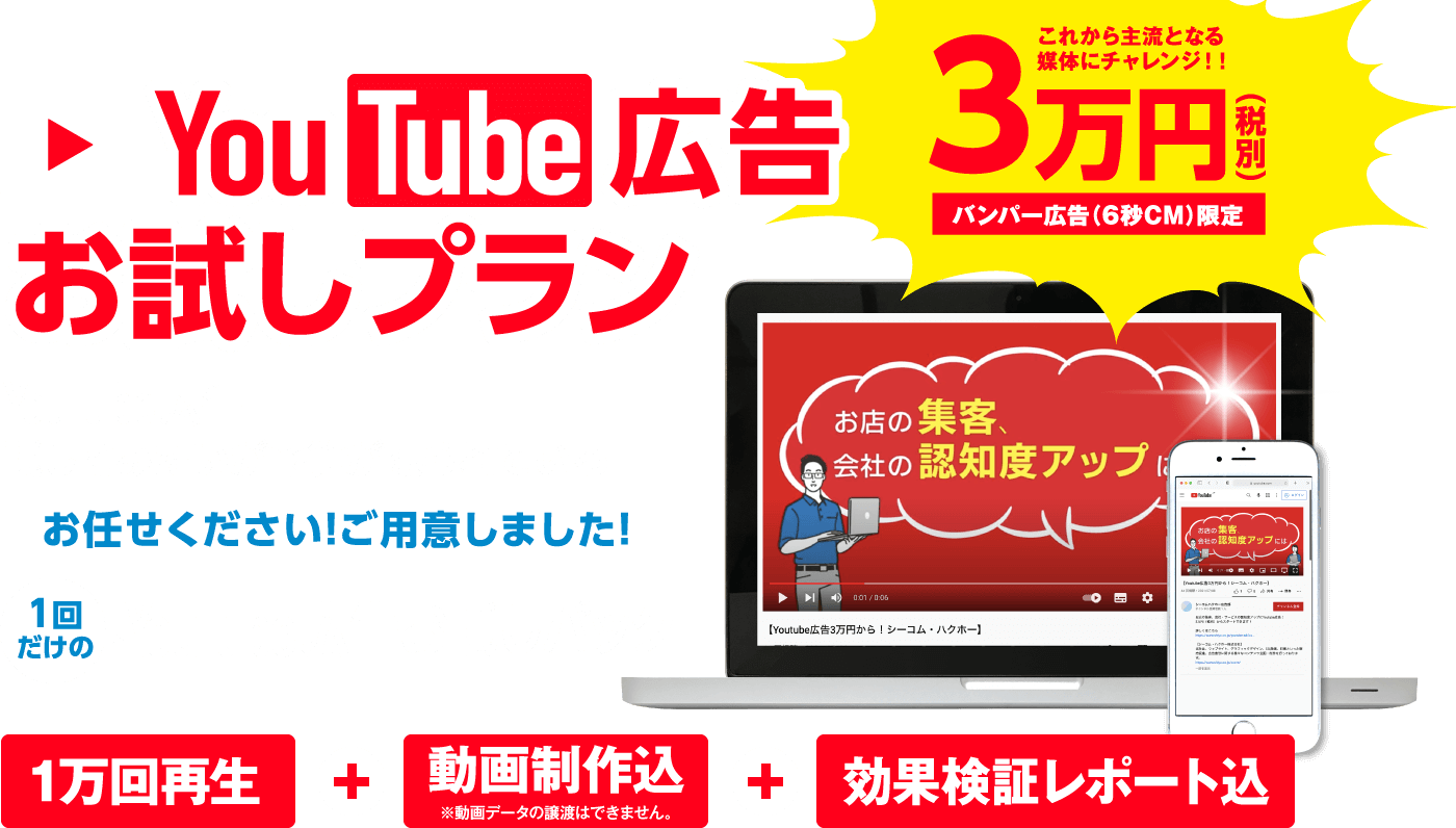 YouTube広告お試しプラン　これから主流となる媒体にチャレンジ！！3万円（税別）バンパー広告（6秒CM）限定　YouTube広告 試してみたいが予算が限られている......　お任せください！ご用意しました！1回だけのYouTube広告お試しパック　1万回再生＋動画制作込（※動画データの譲渡はできません。）＋効果検証レポート込